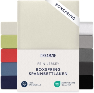 Dreamzie Premium Spannbettlaken 90x200 cm - 100x200 cm - 37cm Seitenhöhe - auch für Boxspringbett & Wasserbett - Bettlaken Boxspringbett 100% Jersey Baumwolle, 150 g/m² - Oeko-TEX - Beige