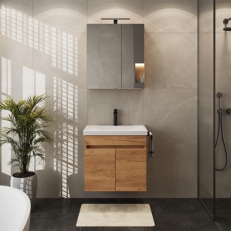 Planetmöbel Badmöbel-Set Badmöbel Set - Waschtisch mit Spiegelschrank 63 cm, (Komplett-Set, 3-St)