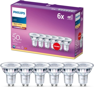 Philips LED Classic GU10 Lampen 6-er Pack (50 W), Reflektor LED Spots mit warmweißem Licht, energiesparende Lampen mit langer Nutzlebensdauer