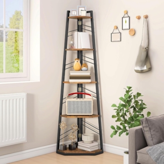 DWVO Eckregal 5 Ebenen, Eckbuchhandel mit Metallrahmen, Industrial Ladder -Bücherregal, Bodenständiges Displayregal, Hoher Speicherregal, für Wohnzimmer, Küche, Schlafzimmer, Vintagebraun Standregal