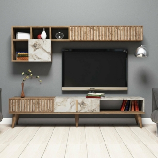 Dmora - Wohnzimmermöbel Gemini, Modulares Wohnzimmerset, Mehrzweck-Wohnzimmermöbel, Moderner TV-Schrank, 180x35h40 cm, Nussbaum und Weißer Marmor