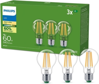 Philips Classic ultraeffiziente E27 LED Lampe, 60W, warmweiß, klar, 3-er Pack