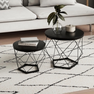 Home Collective Couchtisch Set, Wohnzimmertisch, Rund Tisch, mit modernem Metallgestell (Satz von 2), 50x44 & 40x37 cm, Schwarz