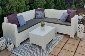 Dmora - Lounge-Set für den Außenbereich Eris, Gartenset mit Kissen, Lounge-Set für den Innenbereich in Rattan-Optik, 100% Made in Italy, Weiß