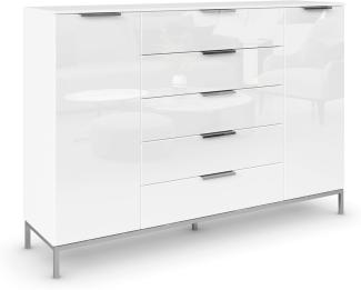 Rauch Möbel Flipp, Kommode mit Stauraum für Wohnzimmer, Schlafzimmer, 4 Fachböden, mit Metallkufe chrom,Alpinweiß/Glasfront Weiß, 2-türig,Glastüren,5 Schubkästen,Griffe chrom, 160 x 111 x 42 cm