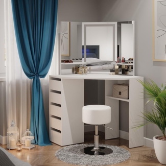 Eckschminktisch Arielle Weiß 110 cm mit LED-Spiegel und Hocker Vicco