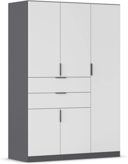 Rauch Möbel Norwich Kleiderschrank, Schrank, Garderobe, Organizer, 5-türig, 2 Schubladen für mehr Stauraum, Farbe Weiß/Grau metallic, Schwarz, Kurze Griffleiste Grau metallic, 136 x 197 x 54 cm