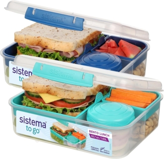 Sistema TO GO Bento-Box Cubes | 1,25 L | Brotdose für Pause mit Fächern und Snackbox | BPA-frei | 2 Stück | Minty Teal & Ocean Blue