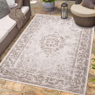 carpet city In- & Outdoor-Teppich Creme, Beige - Wendeteppich - 160x230 cm - Ornamente - Wetterbeständig für Balkon, Terrasse - Teppiche Modern Indoor Wohnzimmer, Küche