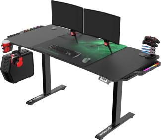 ULTRADESK Level RGB LED | Gaming-Schreibtisch mit elektrischer Höhenverstellung | Interner Speicher für 2 Einstellungen | Steckdosenleiste, XXL-Mauspad | Stahlgestell, Grünes Pad, 140x66 cm