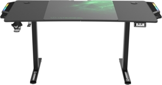 ULTRADESK Level RGB LED | Gaming-Schreibtisch mit elektrischer Höhenverstellung | Interner Speicher für 2 Einstellungen | Steckdosenleiste, XXL-Mauspad | Stahlgestell, Grünes Pad, 140x66 cm