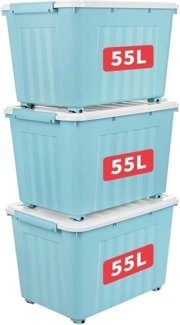 Cetomo 55L*3 Aufbewahrungsboxen mit Deckeln, Kunststoff-Aufbewahrungsbox mit Rollen und Clips, Kunststoffbox für Zuhause und Büro, BPA-frei, Nestbar, Stapelbar, Blau, 55L-3er Pack