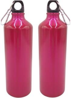 2x Aluminium Trinkflasche 1 Liter pink mit Karabiner Wasserflasche Sportflasche