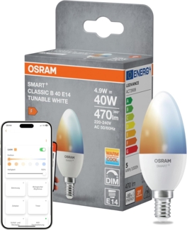 OSRAM SMART+ LED-Lampe B40, E14 Kerzenform, Tunable White, steuerbar per App und Sprache, dimmbar, Matter-kompatibel, warm- bis kaltweiß