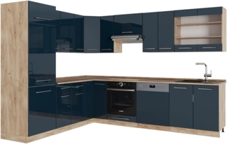 Eckküche Fame-Line Dunkelblau Hochglanz/Goldkraft Eiche 287 x 46 cm ohne Arbeitsplatte Vicco