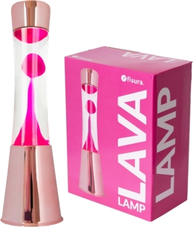 FISURA - Lavalampe rosa. Roségoldfarbener Chromsockel, transparente Flüssigkeit und rosa Lava. Lavalampe mit Ersatzbirne. Maße: 11 x 11 x 39,5 Zentimeter.