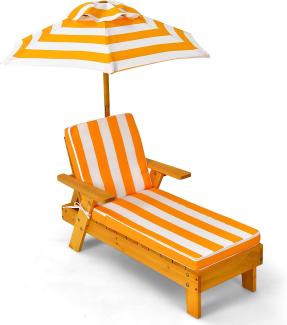 COSTWAY Kinder Sonnenliege mit Sonnenschirm, Kinderliege Holz, Gartenliege belastbar bis 50kg, Strandliege Holzliege, Kinderstuhl mit Kissen 92 x 49 x 106 cm