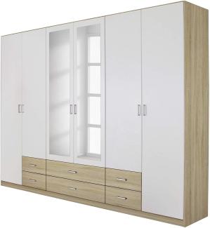 rauch Kleiderschrank, Drehtürenschrank GAMMA, 6-türig, 2 Spiegeltüren teilaufgelegt, 6 Schubkästen, Alpinweiß/Eiche Sonoma, 271 x 210 x 54 cm