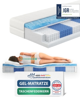 AM Qualitätsmatratzen - Premium Gelschaum-Matratze 100x200 cm H2-1000 Federn - Taschenfederkernmatratze Gelschaum 100x200-6 cm Gelschaum-Auflage - 24cm Höhe - Made in Germany 160x200 cm H2