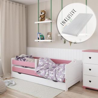 Kinderbett 160x80 Voll-Holz mit Matratze, Rausfallschutz, Schublade & Lattenrost in weiß 80 x 160 Mädchen Bett Skandi Herz