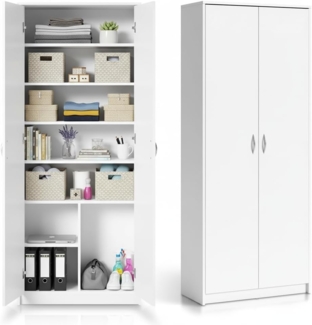 Schrank Mehrzweckschrank weiß 74cm Breite 180cm Höhe mit sechs Einlegeböden und Extra-Fach, Aktenschrank Haushaltsschrank Organizer aus MDF Holz