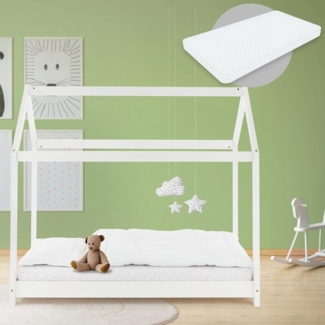 ML-DESIGN Kinderbett Hausbett Spielbett inkl. Lattenrost kreativ Bodenbett für Kinder, Abenteuerbett, Haus Bett Himmelbett Kiefer Jugendbett Weiß