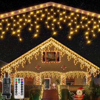Ollny Eisregen Lichterkette Außen 10m, 396 LED Lichterkette außen Strom mit Fernbedienung, wasserdicht Weihnachtsbeleuchtung außen mit Timer 8 Modi für Balkon Weihnachten Haus Carport(warmweiß)