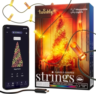 Twinkly Strings Candle 100 LED, LED-Lichterkette in Kerzenform, RGB LED-Lichter Mehrfarbig, Kompatibel mit Alexa & Google Home, Gaming-Lichter, Stromversorgung über USB-C, Grünes Kabel, 6m