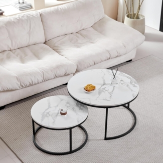 GrandCA HOME Couchtisch 2er Set,Stapelbarer Couchtisch, Couchtische Rund, Marmorierte MDF-Tischplatte, Schwarze Tischbeine aus Edelstahl，Geeignet für Wohnzimmer, Esszimmer（Ø80x45H cm，Ø60x35H cm）