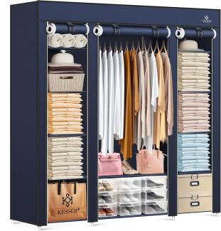 KESSER® Kleiderschrank Stoffschrank Stabil mit Kleiderstange & Ablagen, Inkl. 5x Kleiderbügel, Stoff Faltschrank für Schlafzimmer, Ankleidezimmer Garderobe mit Kleiderständer 150x45x175cm Navyblau