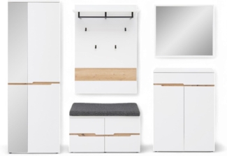 Stella Trading Memphis Flurgarderoben Set in Weiß, Artisan Eiche Optik - Modernes Garderobenset 5-teilig für Ihren Eingangsbereich - 255 x 192 x 38 cm (B/H/T)