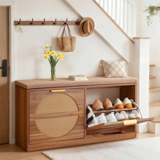 VEVOR Schuhregalbank Schuhbank (988 x 240 x 500 mm), Rattan-ähnliche Eingangsbank, Schuhregal mit Kissen & 4 Fächern & Rattantüren (200 kg belastbar), für Haustür Flur Wohnzimmer Schlafzimmer