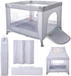 Lorelli Baby Laufstall My Place mit Dach, kleiner Laufgitter 100x100 cm, Absperrgitter mit atmungsaktivem Netz, Schutzgitter mit Reißverschlusstür, faltbarer Krabbelgitter, Grau