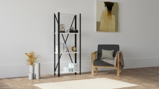 Stylish Wall-Mounted Bookshelf, White & Black, 60 x 149.5 x 29 cm | 100% Melamine Coated Particle Board, 18 mm Thick, Sturdy Metal Frame | Perfect for Modern Home Decor