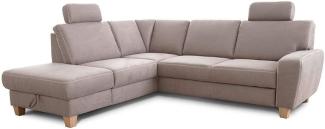 Cavadore Ecksofa Wisconsin mit Bettfunktion / Schlafsofa mit Federkern in Lederoptik / Inkl. 2 Kopfstützen + Stauraum / Landhausstil / Holzfüße in Buche / Mikrofaser / 248 x 88 x 215 cm / Hellgrau