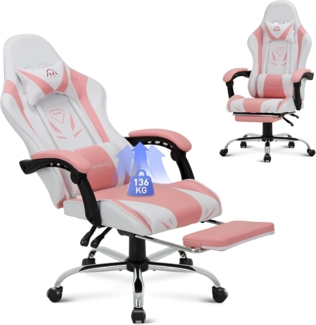 COLAMY Gaming Stuhl, Computer Stuhl mit Fußstütze und Lendenwirbelstütze, höhenverstellbarer Gaming Chair mit 360°-Drehsitz und Kopfstütze, Video Gamer PC Stuhl, Ergonomische hohe Rückenlehne, Rosa