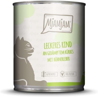 MjAMjAM - Premium Nassfutter für Katzen - leckeres Rind an gedämpftem Kürbis, 6er Pack (6x800 g), getreidefrei mit extra viel Fleisch