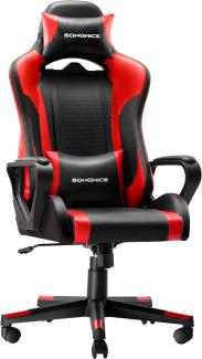 Gamingstuhl, Schreibtischstuhl, Computerstuhl, Bürostuhl, abnehmbare Kopfstütze, Lendenkissen, höhenverstellbar, Wippfunktion, bis 150 kg belastbar, ergonomisch, Schwarz-rot RCG011B01