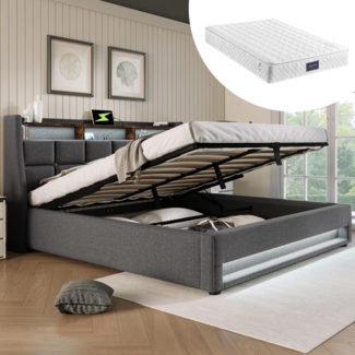 OKWISH Schlafsofa Daybett Tagesbett Doppelbett Stauraumbett Kinderbett Polsterbett, Multifunktionsbett mit LED-Lichtleiste, USB-Steckdose und Lattenrost aus hautsympathischem Samtstoff - ideal für Wohnzimmer und Gästezimmer, mit Matratze