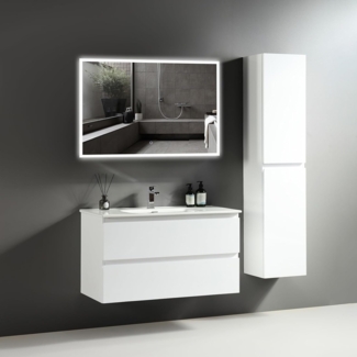 Alpenberger Badmöbel-Set Badezimmermöbel Badezimmer Schrank - Waschtisch mit Led Spiegel Bad, (Waschplatz mit Hochschrank, Waschbecken mit Unterschrank 100 cm Breit - Weiß), Badezimmerspiegel mit Beleuchtung