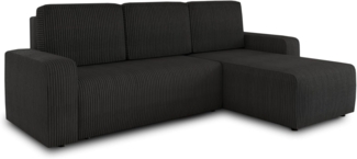 Ecksofa Roma L mit Schlaffunktion und Bettkasten - Cord Stoff - L-Form Couch, Polstersofa, Schlafsofa, Sofagarnitur - Ottomane Universal (Schwarz (Poso 135))