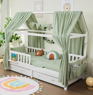 Alavya Home® Hausbett BUCHE CLOUD BESTSELLER! FSC zertifiziert (SET Kinderbett 90x200, inkl. Matratze Schubladen Buchablage Rausfallschutz und Lattenrost), Hausbett 90x200cm für Mädchen und Jungen aus Massiv Buchenholz