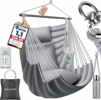 KESSER® Hängesessel Haiti 150kg Traglast, Hängestuhl 360° Drehung, Hängeschaukel Indoor-Outdoor UV-beständig & Wasserfest, Pflegeleicht, Inkl. 2 Kissen, Tragetasche, Flaschenhalter & Montage-Set Grau / Anthrazit