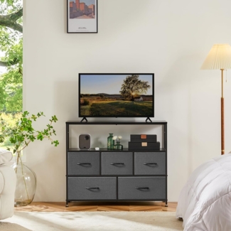 Sweetcrispy Kommode,TV Schrank Stand für Schlafzimmer mit 5 Stoffschubladen,Sideboard Wohnzimmer für 115cm TV,Einstellbare Füße Schubladenschrank, Grau