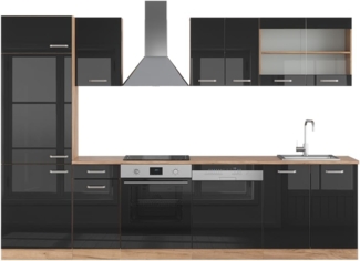 Küchenzeile R-Line Schwarz Hochglanz/Goldkraft Eiche 300 cm ohne Arbeitsplatte Vicco