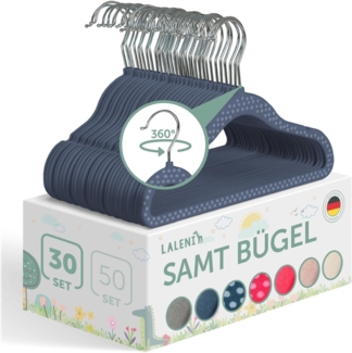 Laleni Kinderkleiderbügel 30 Stück mit Samtbezug - platzsparende Kleiderbügel Kinder - 360° drehbare Kinder Kleiderbügel - rutschfeste Kleiderbügel Kinder samt - Babykleiderbügel Dunkelblau gepunktet