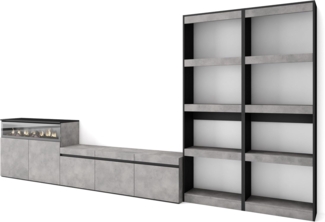 Skraut Home | Wohnwand Wohnzimmer | Wohnzimmermöbel, Möbelset | 370 x 186 x 35 cm | Für TV-Geräte bis zu 65" | Elektrokamin. | Moderner Stil | Zement