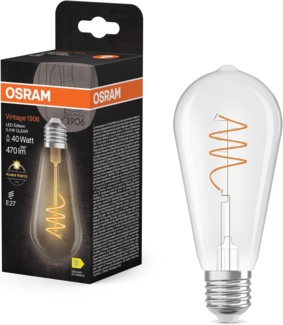 Osram Vintage 1906 Edison ist eine warmweiße LED-Lampe mit spiralförmigem Filament in Edison-Kolbenform. Sie bietet 3.4 W für 470 lm, E27 Fassung, klarfarbenes Glas, 64 mm Durchmesser, 2700 K.