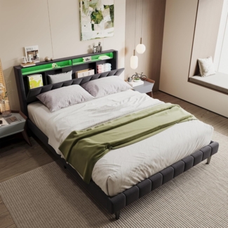 PXloue Polsterbett LED Doppelbett, Kopfteil mit Stauraum,Schubladen,ohne Matratze,Leinen,140x200 cm