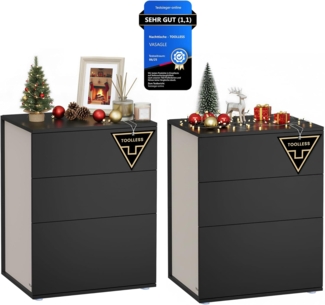 VASAGLE Nachttisch, 2er Set, Beistelltisch 3 Schubladen, Superschnelle werkzeuglose Montage, Nachtschrank, Schlafzimmer, Wohnzimmer, Toolless-Technologie, tintenschwarz-cappuccinobeige LET779B01